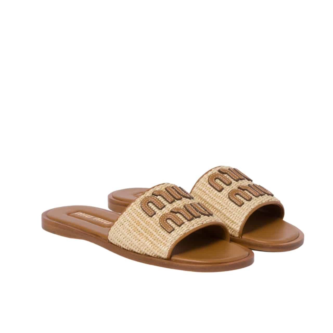 M1um1u Raffia Effect Woven Fabric Slides Natural 5Xx644 3Lom F0018 F 005