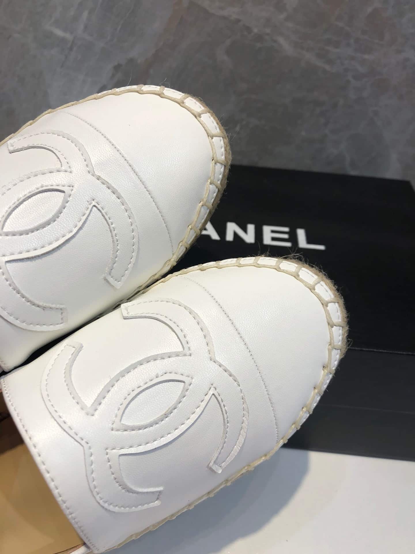 Ch**el Embroidered Espadrille Leather Cap Toe Flats White