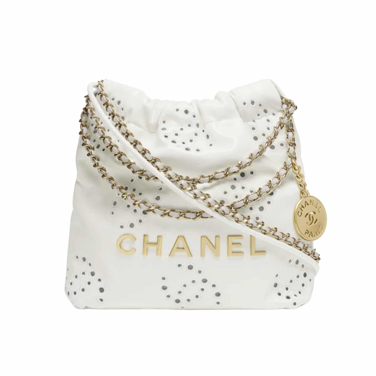 Ch**el 22 Mini Handbag Shiny And Gold Tone Metal White As3980 B19648 10601