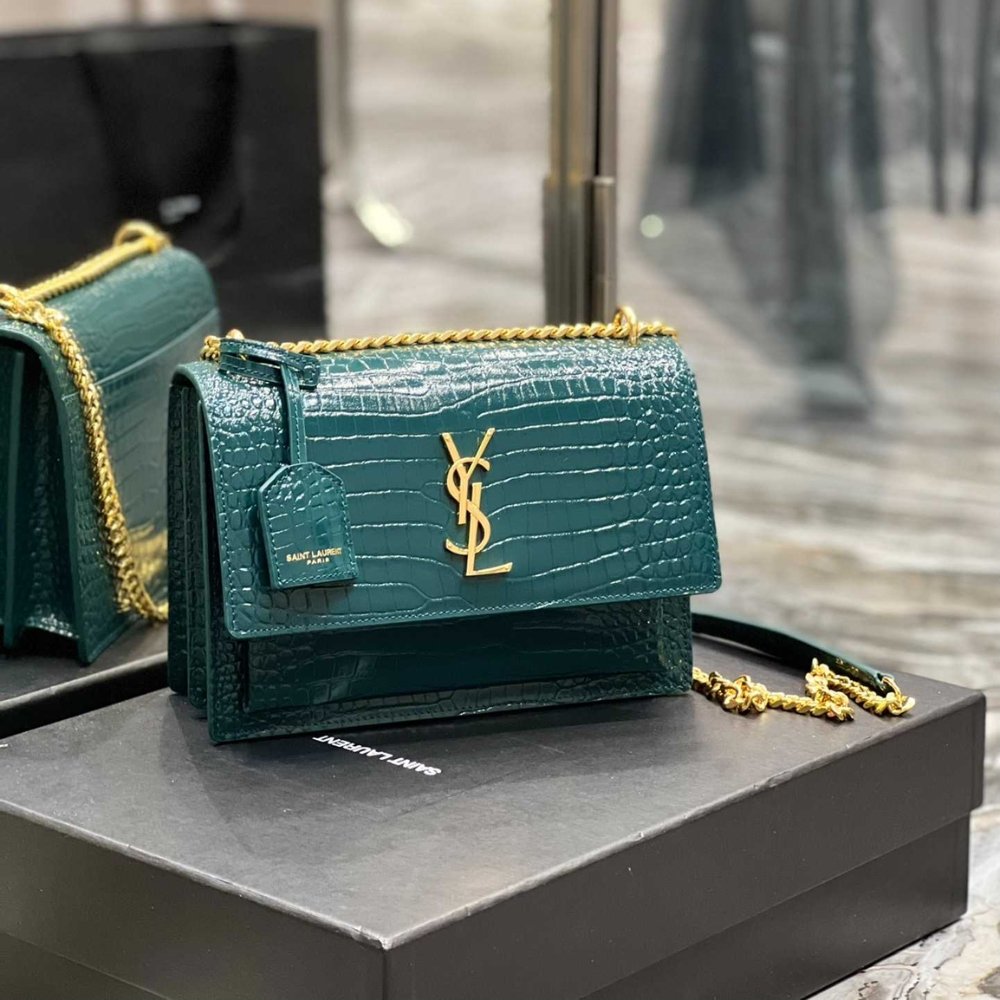 Sa1nt Lau*nt Sunset Medium In Crocodile Embossed Leather Dark Green 22cm 442906DND0J3144
