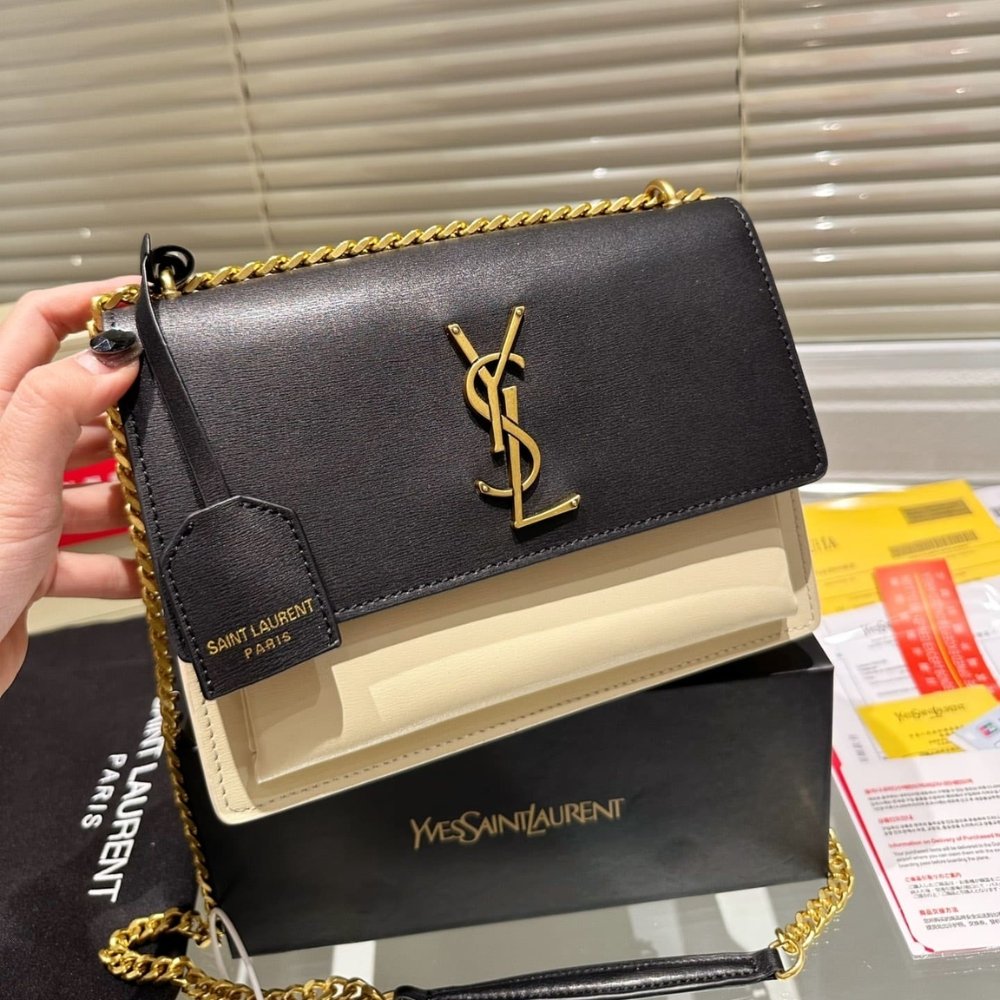 Sa1nt Lau*nt Sunset Medium Chain Bag In Smooth Leather Bag Beige Black 22Cm 442906D42Ew1089