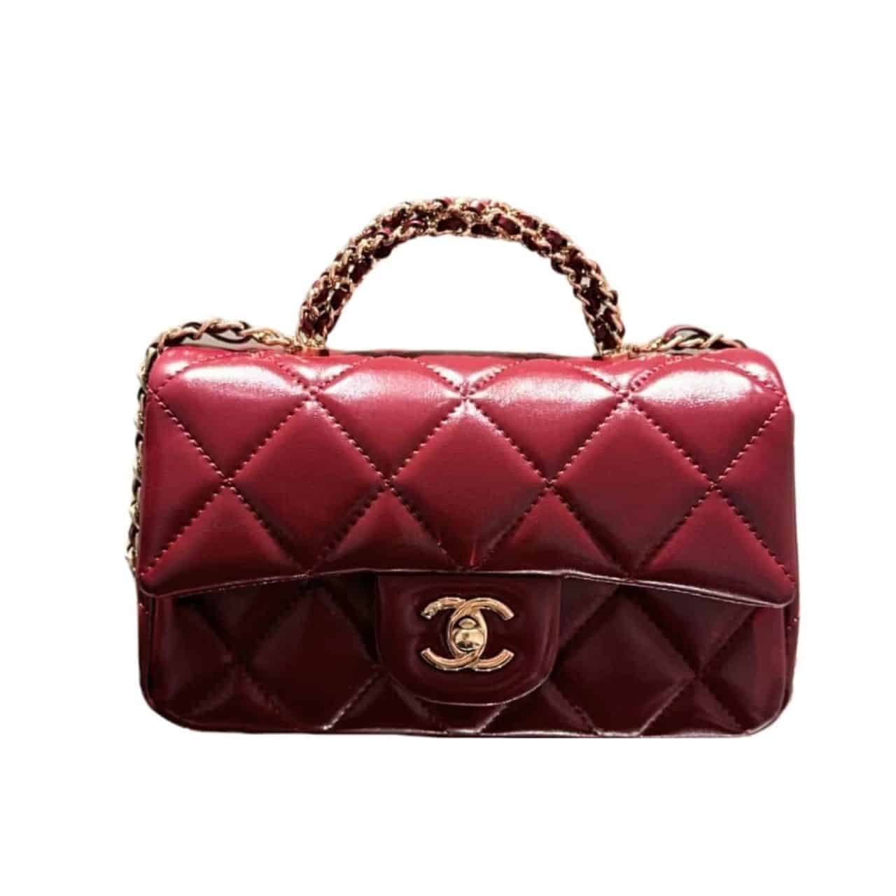 Ch**el Classic Mini Flap Bag With Chain In Burgundy 21Cm
