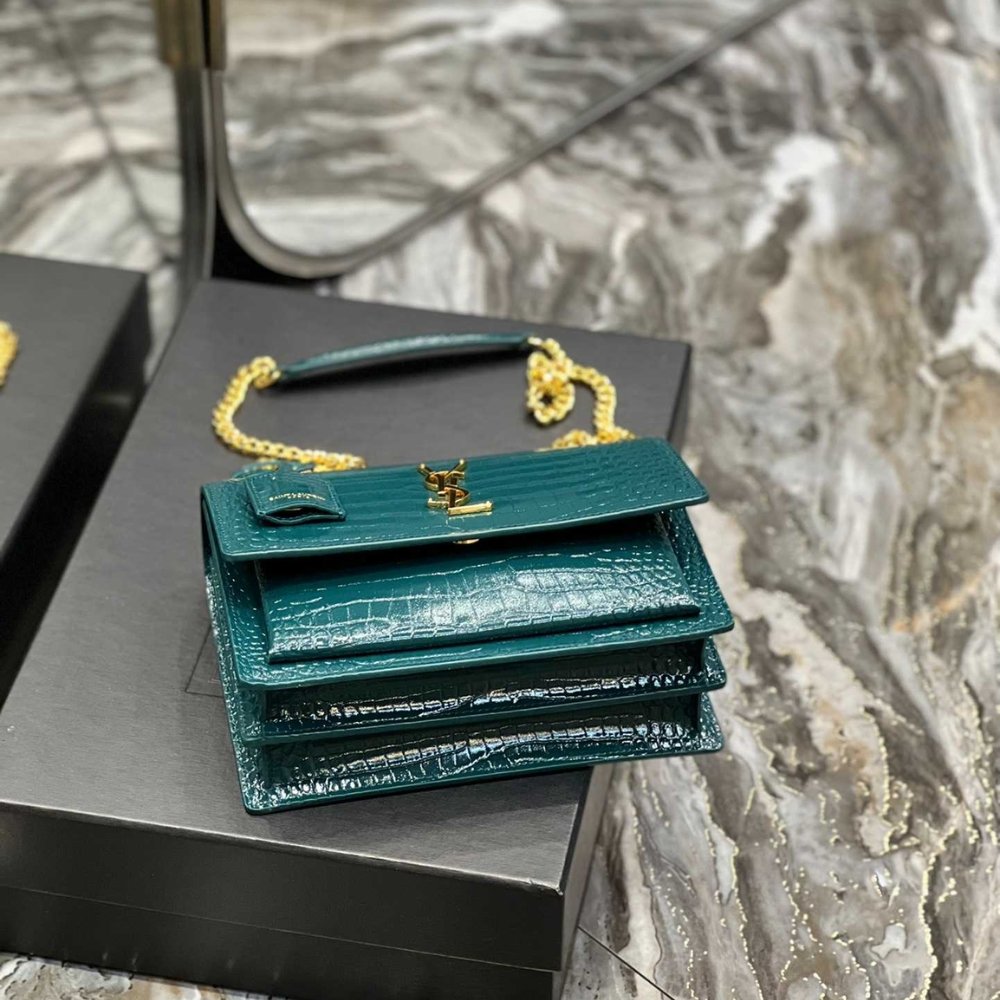 Sa1nt Lau*nt Sunset Medium In Crocodile Embossed Leather Dark Green 22cm 442906DND0J3144
