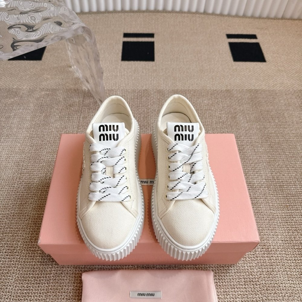 M1um1u Denim Sneaker With Logo Ivory 5E389E 3Ars F0304 F 005