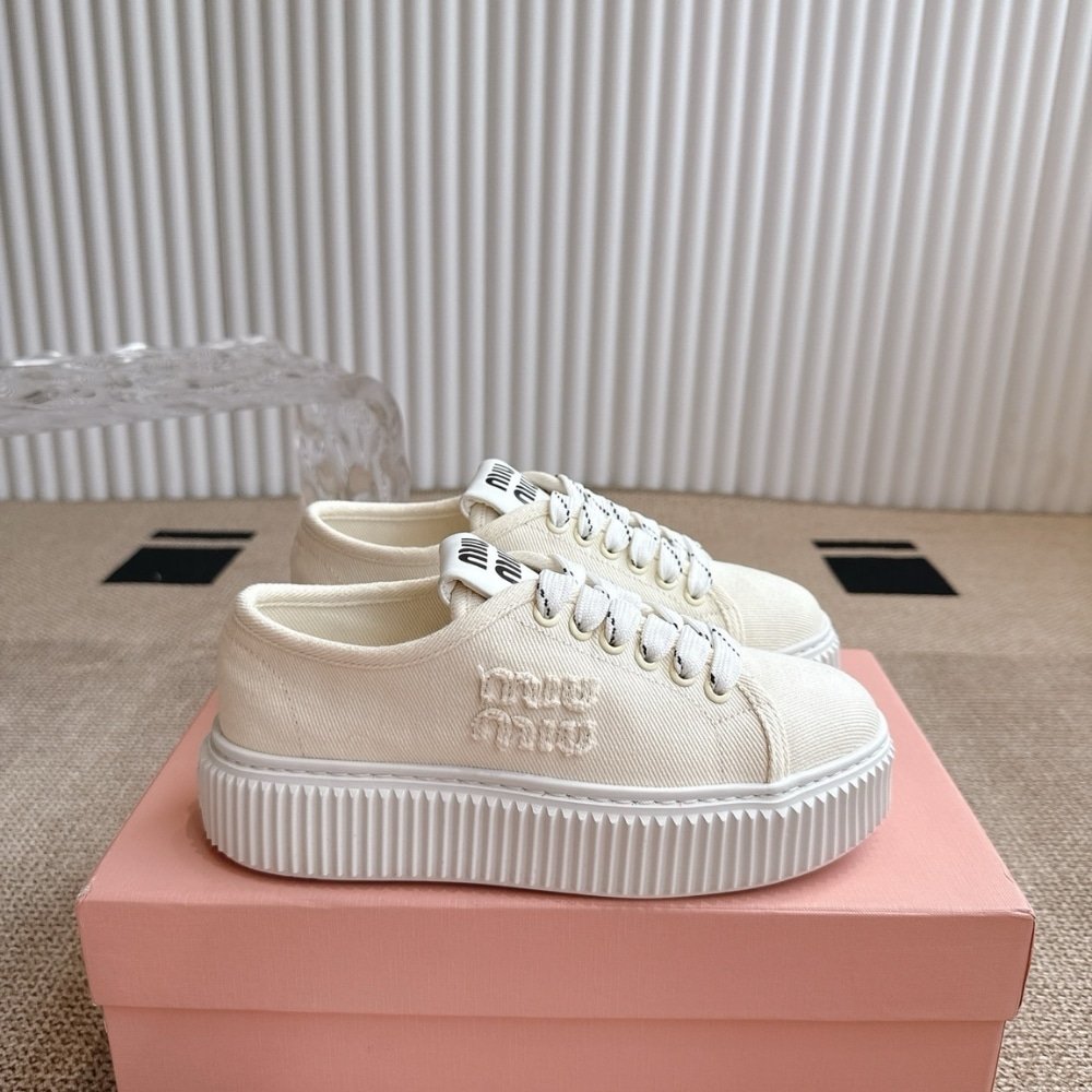 M1um1u Denim Sneaker With Logo Ivory 5E389E 3Ars F0304 F 005