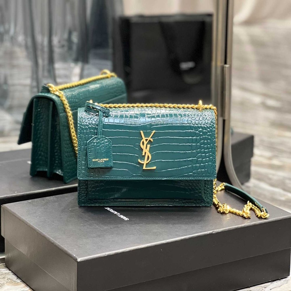 Sa1nt Lau*nt Sunset Medium In Crocodile Embossed Leather Dark Green 22cm 442906DND0J3144