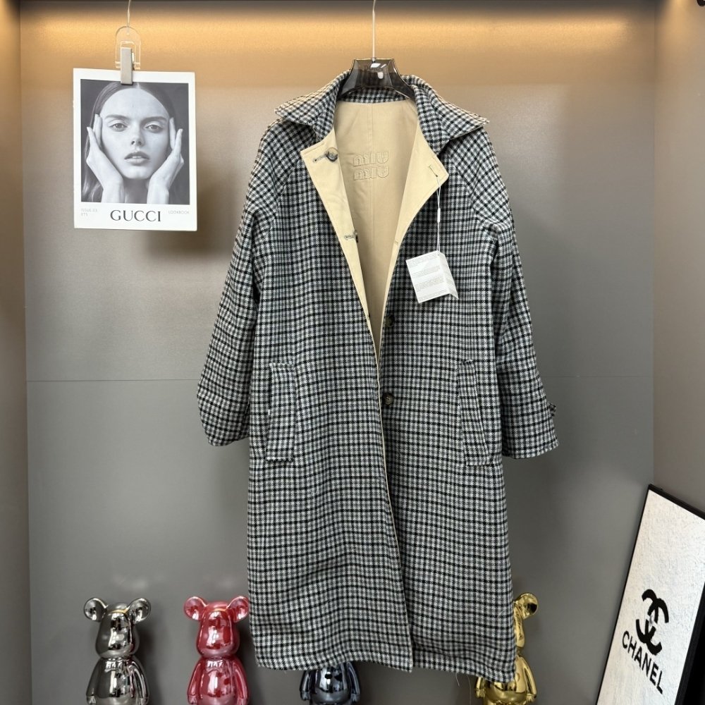 M1um1u Reversible Twill And Check Trench Coat Limestone And Slate Gray Ms2131 1798 F04U0 S Ooo