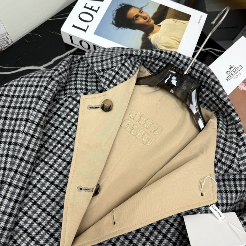 M1um1u Reversible Twill And Check Trench Coat Limestone And Slate Gray Ms2131 1798 F04U0 S Ooo