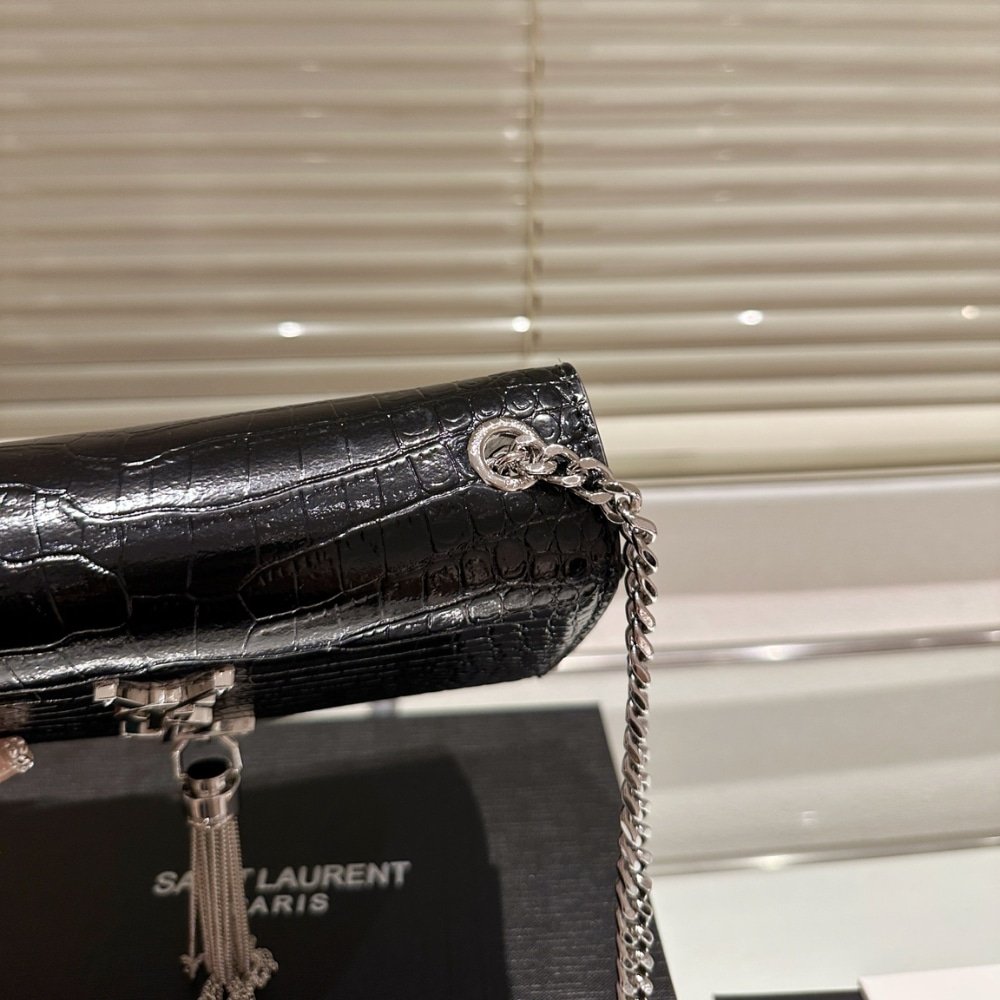 Sa1nt Lau*nt Kate Small Tassel In Crocodile Embossed Leather Silver Black 19Cm 474366Dnd0N1000