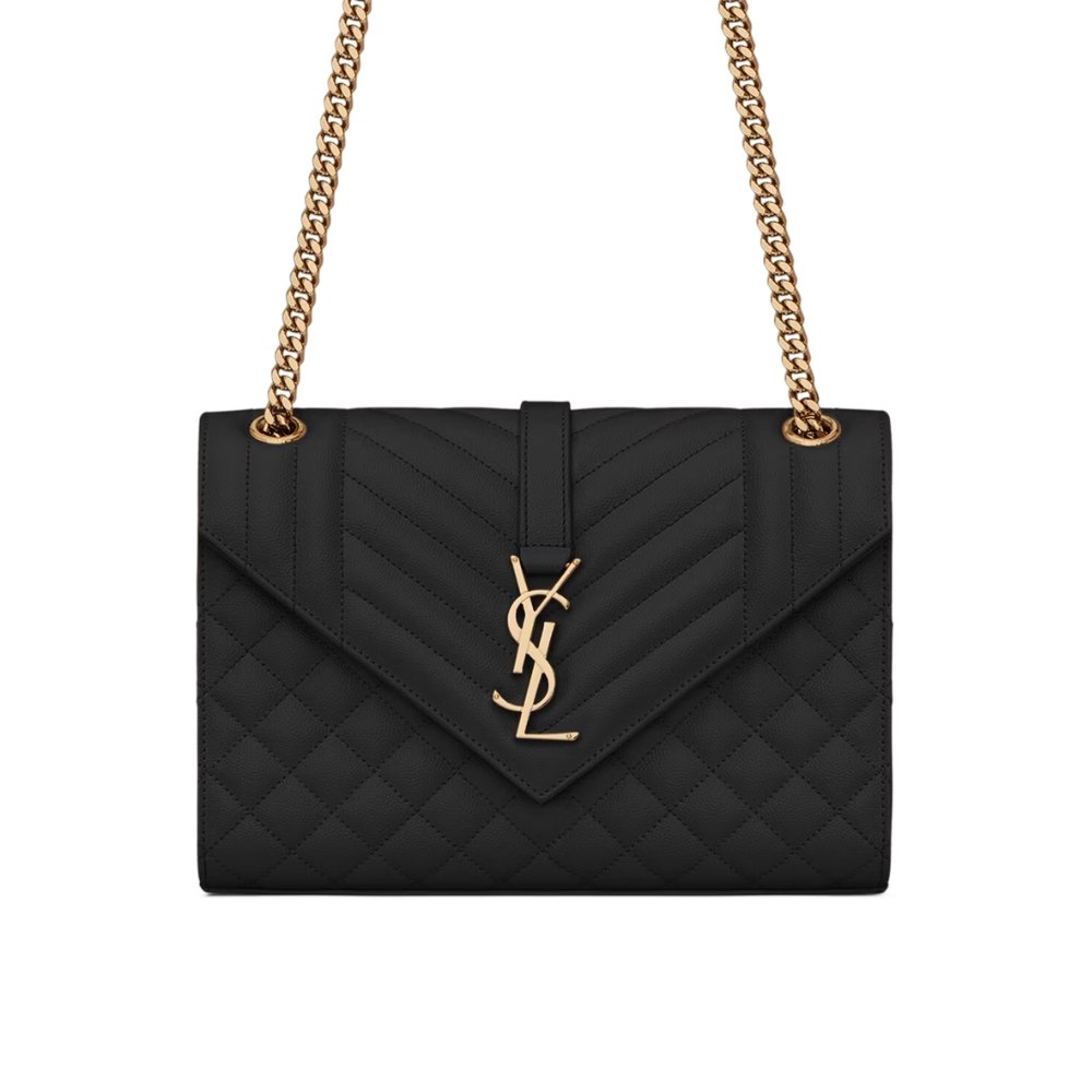 Sa1nt Lau*nt Envelope Medium In Quilted Grain De Poudre Embossed Leather Black Gold 24Cm 600185Bow911000