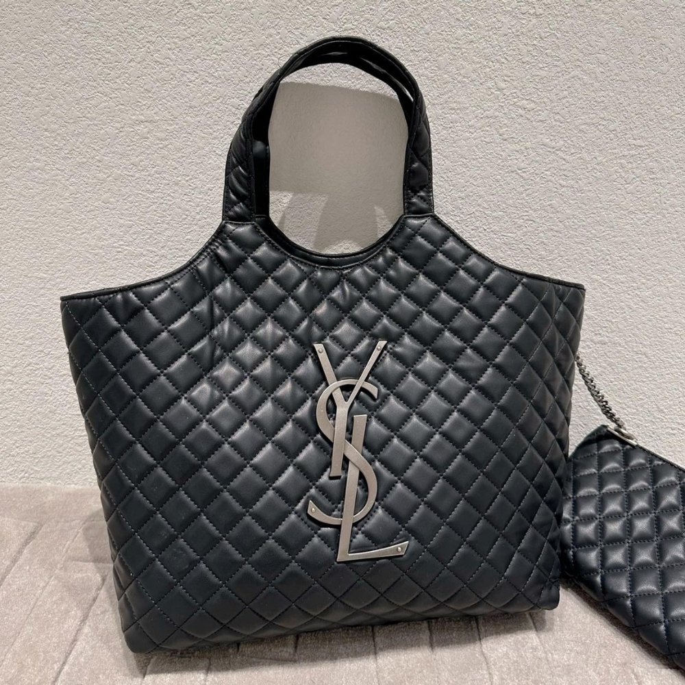Sa1nt Lau*nt Icare Shopping Bag In Quilted Silver Hardware Black 40Cm