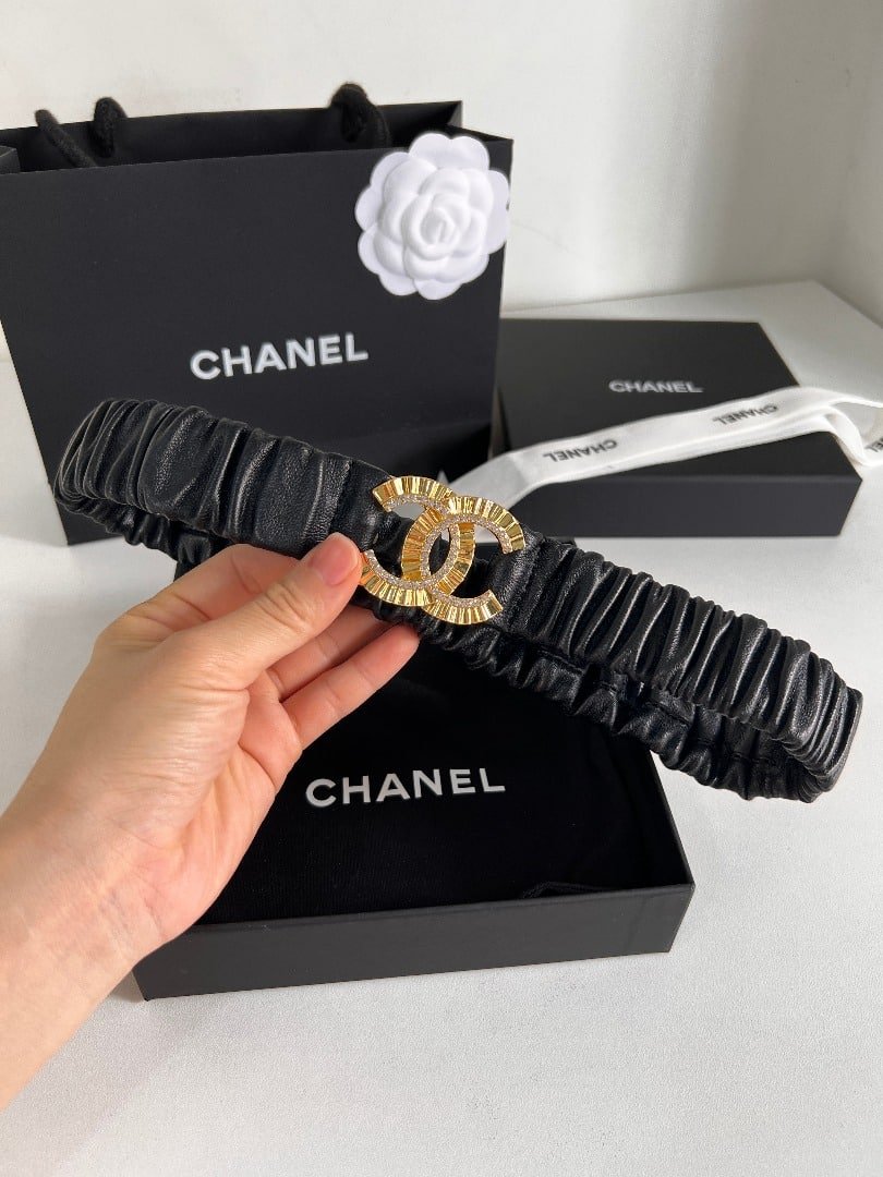 Ch**el Women’S Belt With Elastic Cowhide Encrusted Gold 30Mm