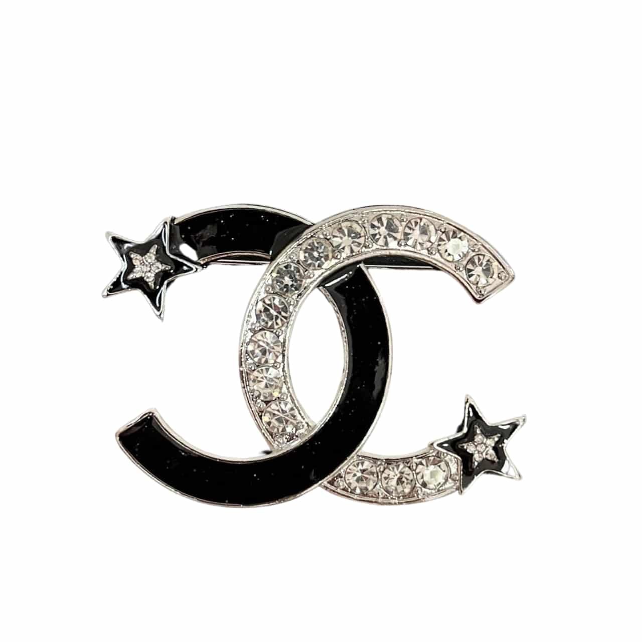 Ch**el Cc Brooch Silver And Black With Two Small Stars