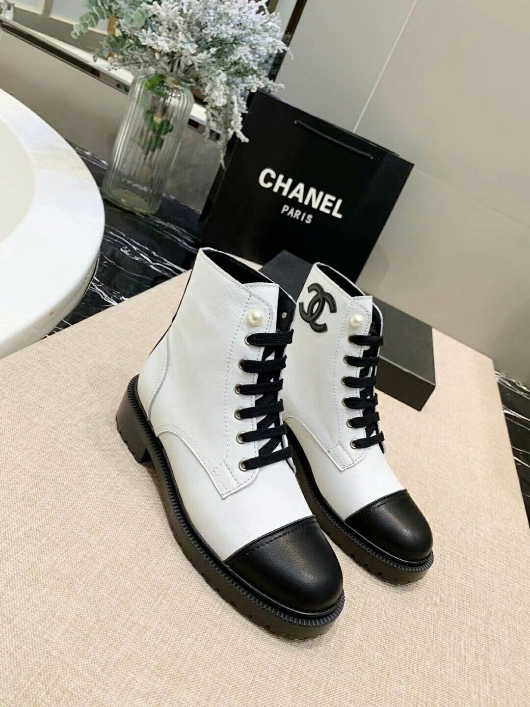 Ch**el White Pearl Logo Cc Combat Lace Up Tie Ankle Boots G36209