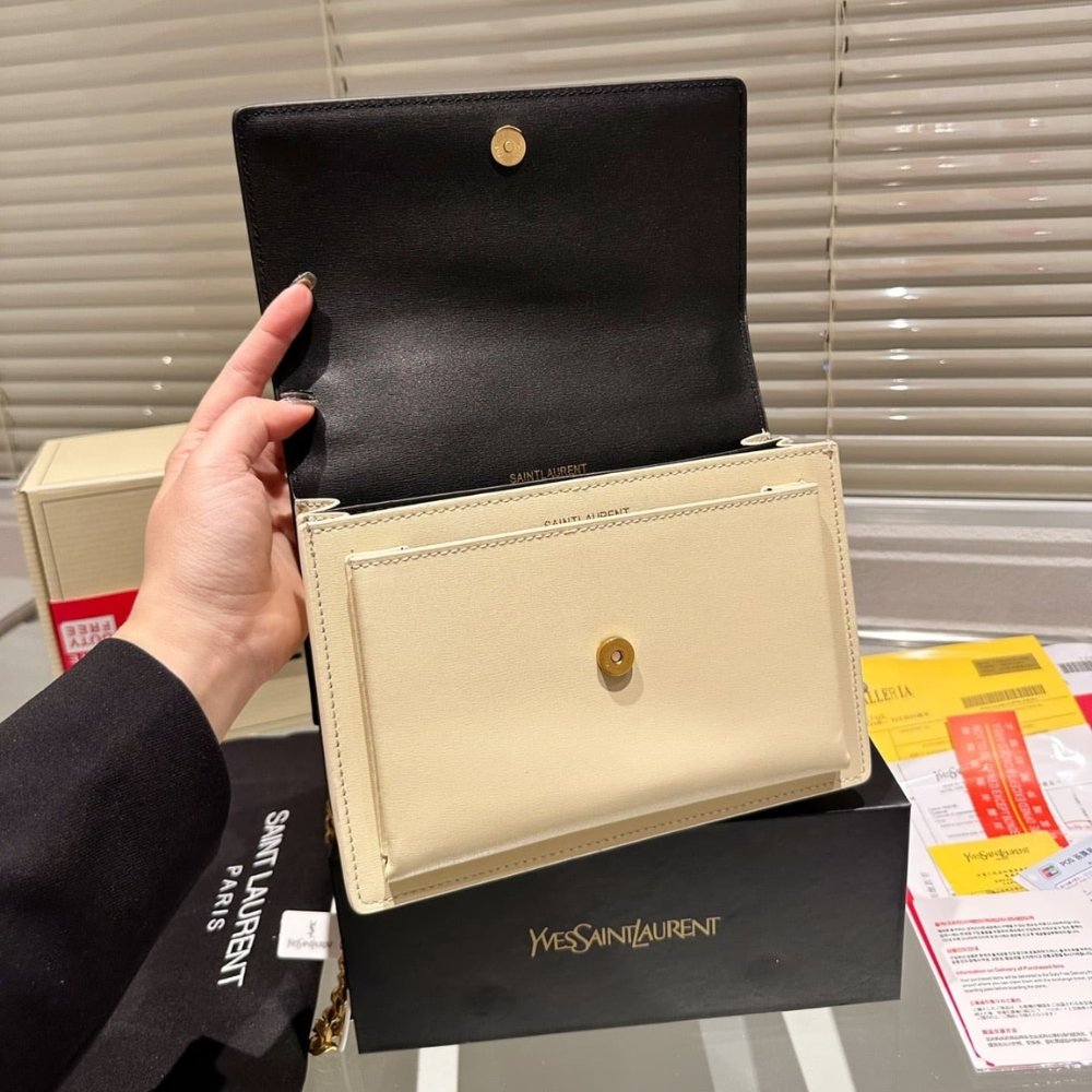 Sa1nt Lau*nt Sunset Medium Chain Bag In Smooth Leather Bag Beige Black 22Cm 442906D42Ew1089