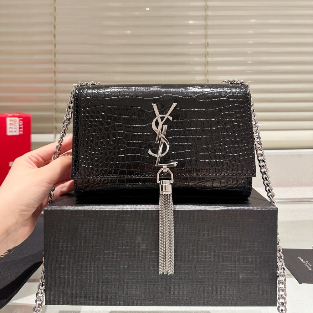 Sa1nt Lau*nt Kate Small Tassel In Crocodile Embossed Leather Silver Black 19Cm 474366Dnd0N1000
