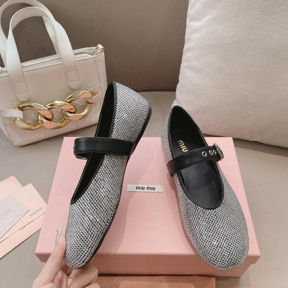 M1um1u Satin Ballerinas With Crystals Black 5F209E 2Awl F0002 F 005
