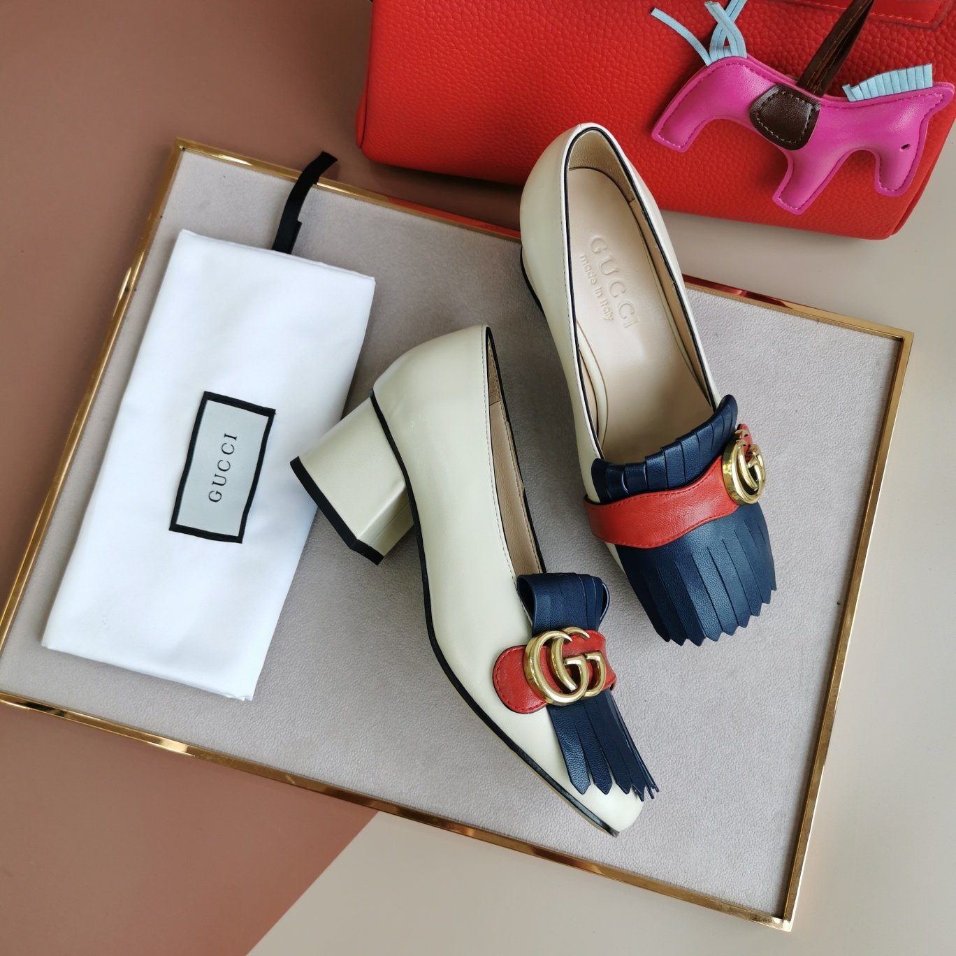 Gvc*1 Marmont Fringed Loafer Mid Heel White Blue Leather 408208 C9Dn0 9574