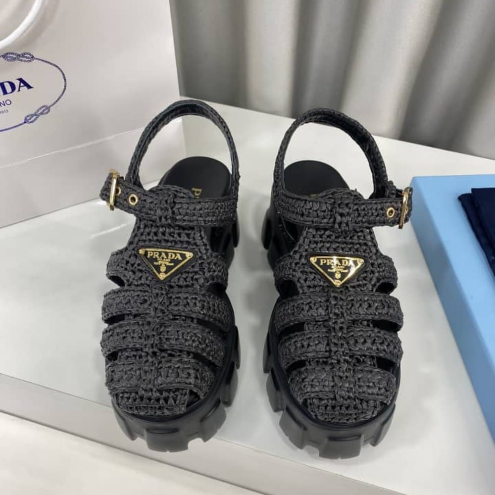 Pra*a Monolith Crochet Cage Sandals Black 1X138N 3L8W F0002 F 055