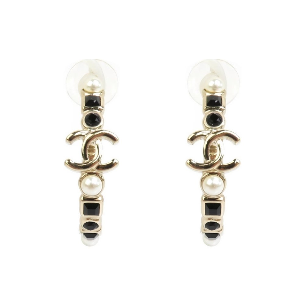 Ch**el Hoop Earrings Metal Gold And Black Ab7836 B07668 Ng856