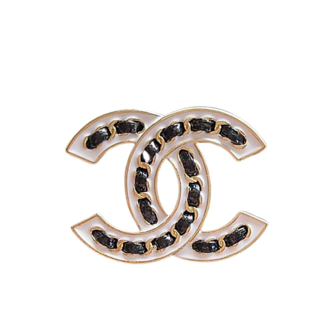 Ch**el Cc Brooch White With Black Interwoven Chain Pattern