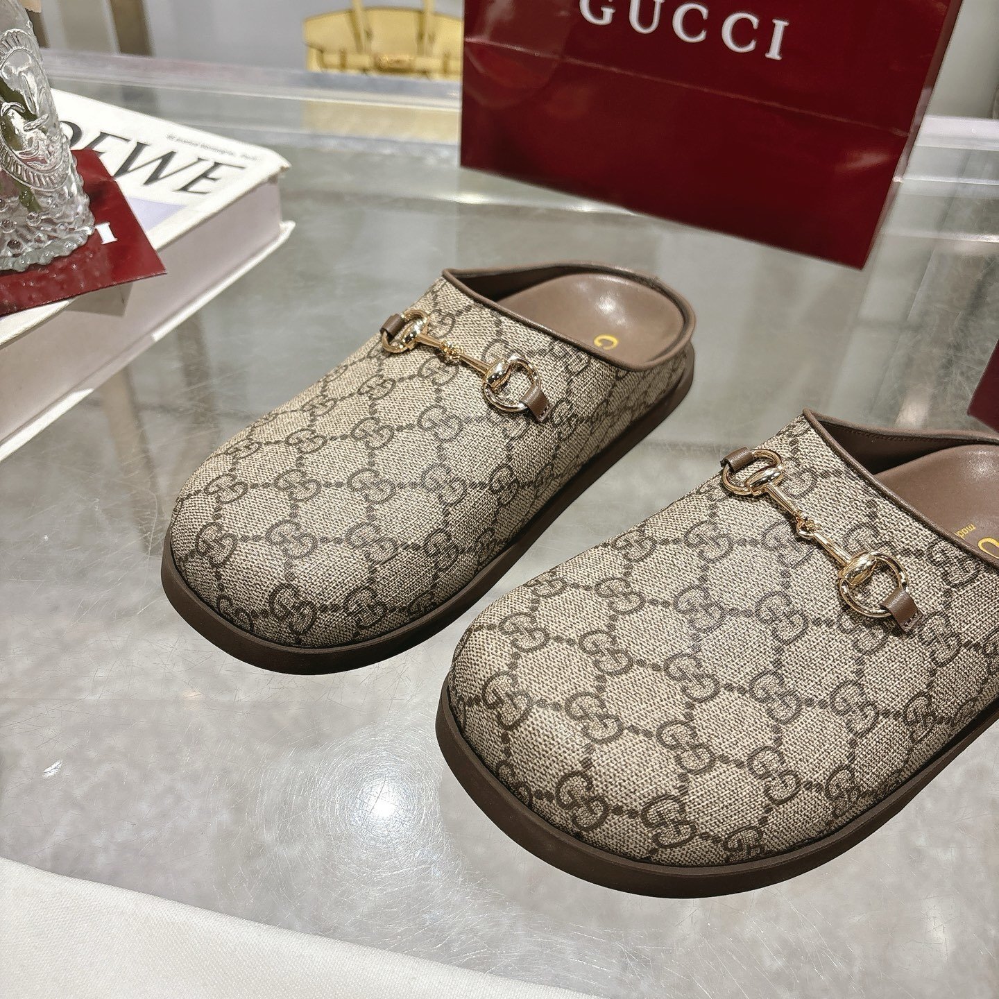 Gvc*1 Women Mule With Horsebit Camel And Dark Brown Gg Canvas 837130 Fab10 2543