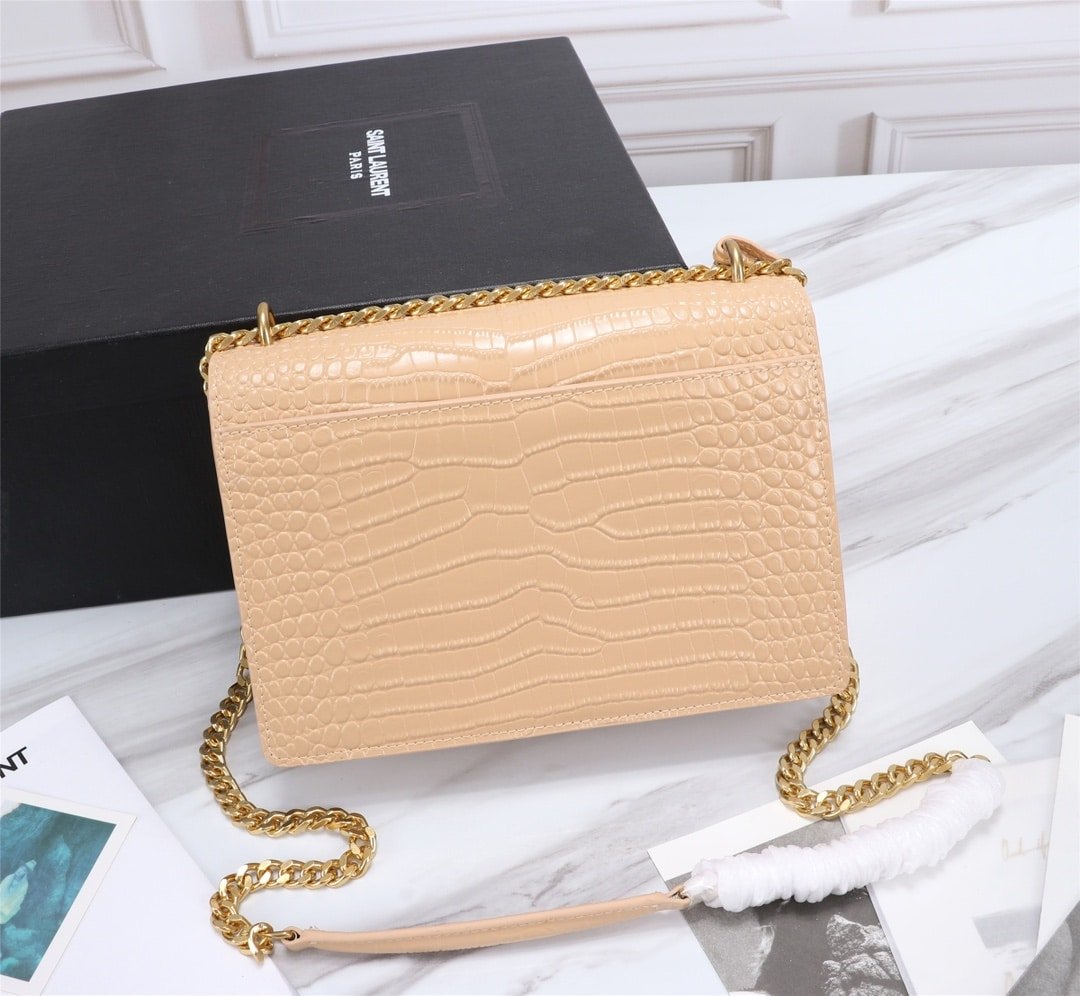 Sa1nt Lau*nt Sunset Medium Chain Bag In Crocodile Embossed Shiny Apricot 22Cm 442906Dnd0N9207