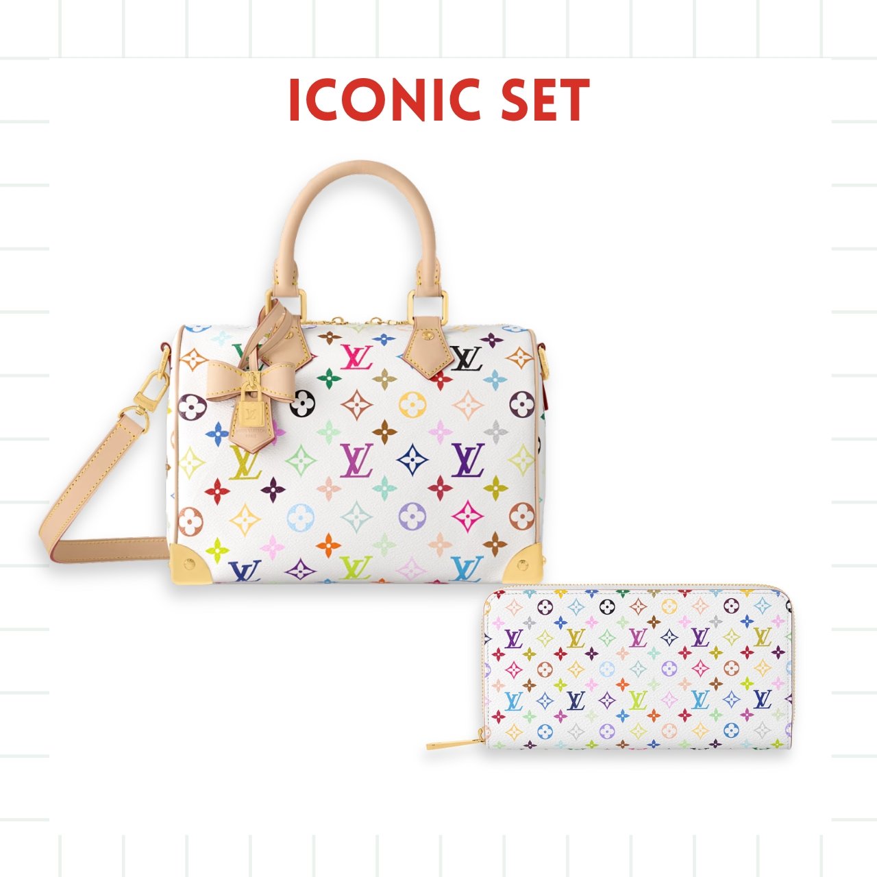 Gift Set: L0vis Vvtt0n X Takashi Murakami Speedy Bandouliere White And Zippy Wallet White Multicolored