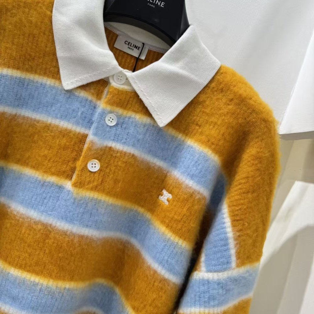 Ce1i*e Polo Sweater In Brushed Striped Cotton Ochre And Light Blue Ry0Fq0Zqj Gbo7