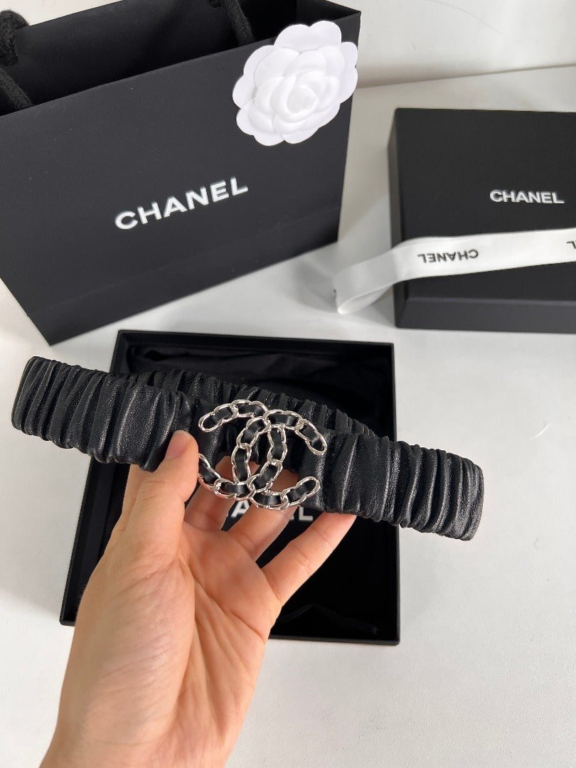 Ch**el Cc Elastic Belt Leather With Silver Metal 30Mm