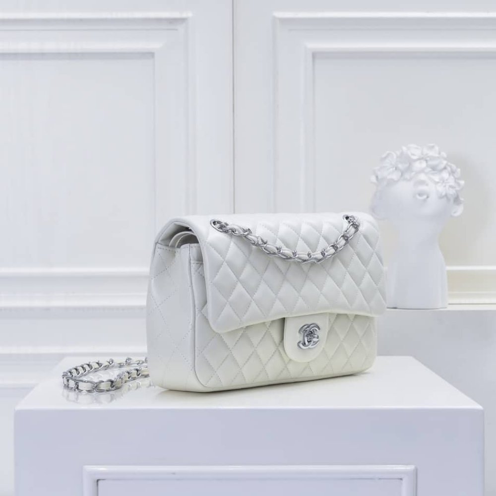 Ch**el Classic Double Flap Bag White Silver Hardware 25Cm