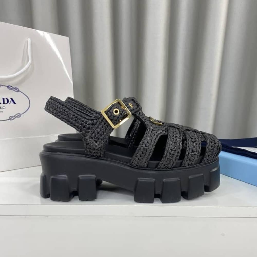Pra*a Monolith Crochet Cage Sandals Black 1X138N 3L8W F0002 F 055