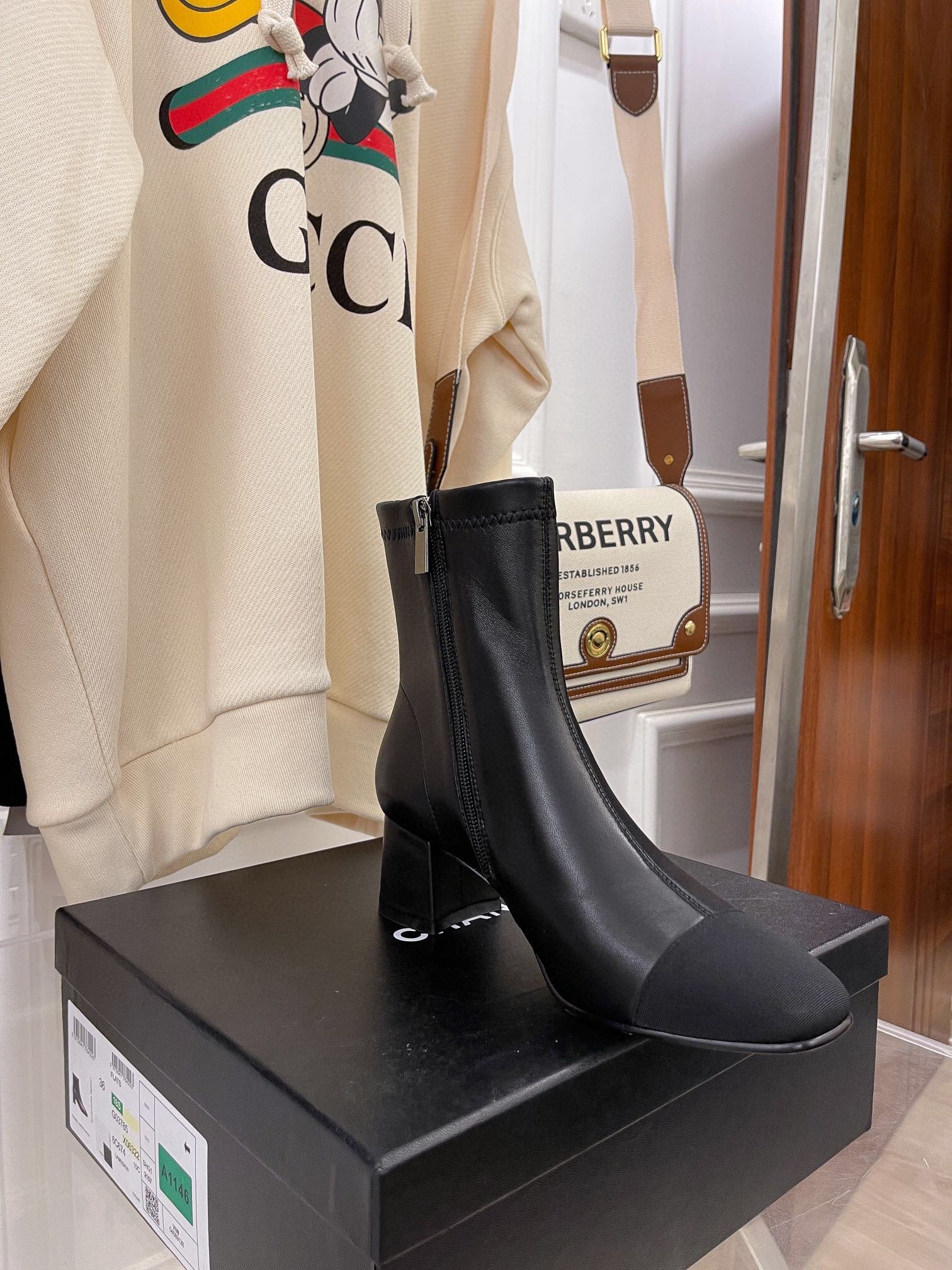 Ch**el Square Toe Leather Ankle Boots Shiny Black