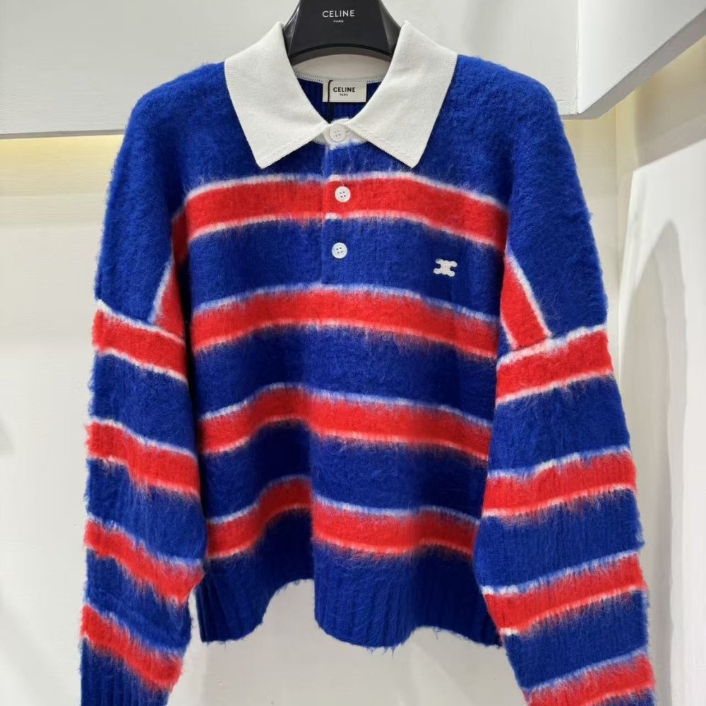 Ce1i*e Polo Sweater In Brushed Striped Cotton Blue And Red Ry0Fq0Zqj Gbt8