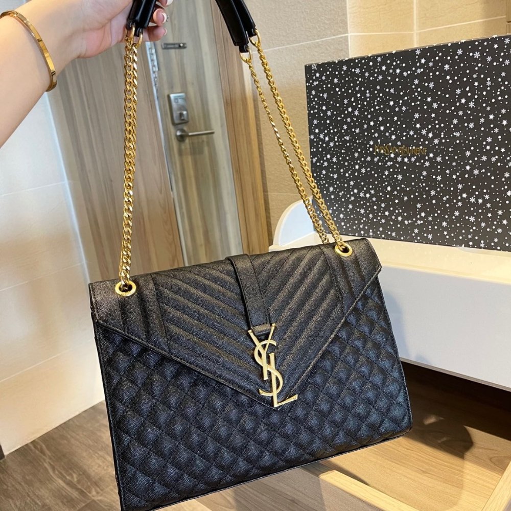Sa1nt Lau*nt Envelope Large Bag In Mix Matelassé Grain De Poudre Embossed Black Gold 31Cm 600166Bow911000