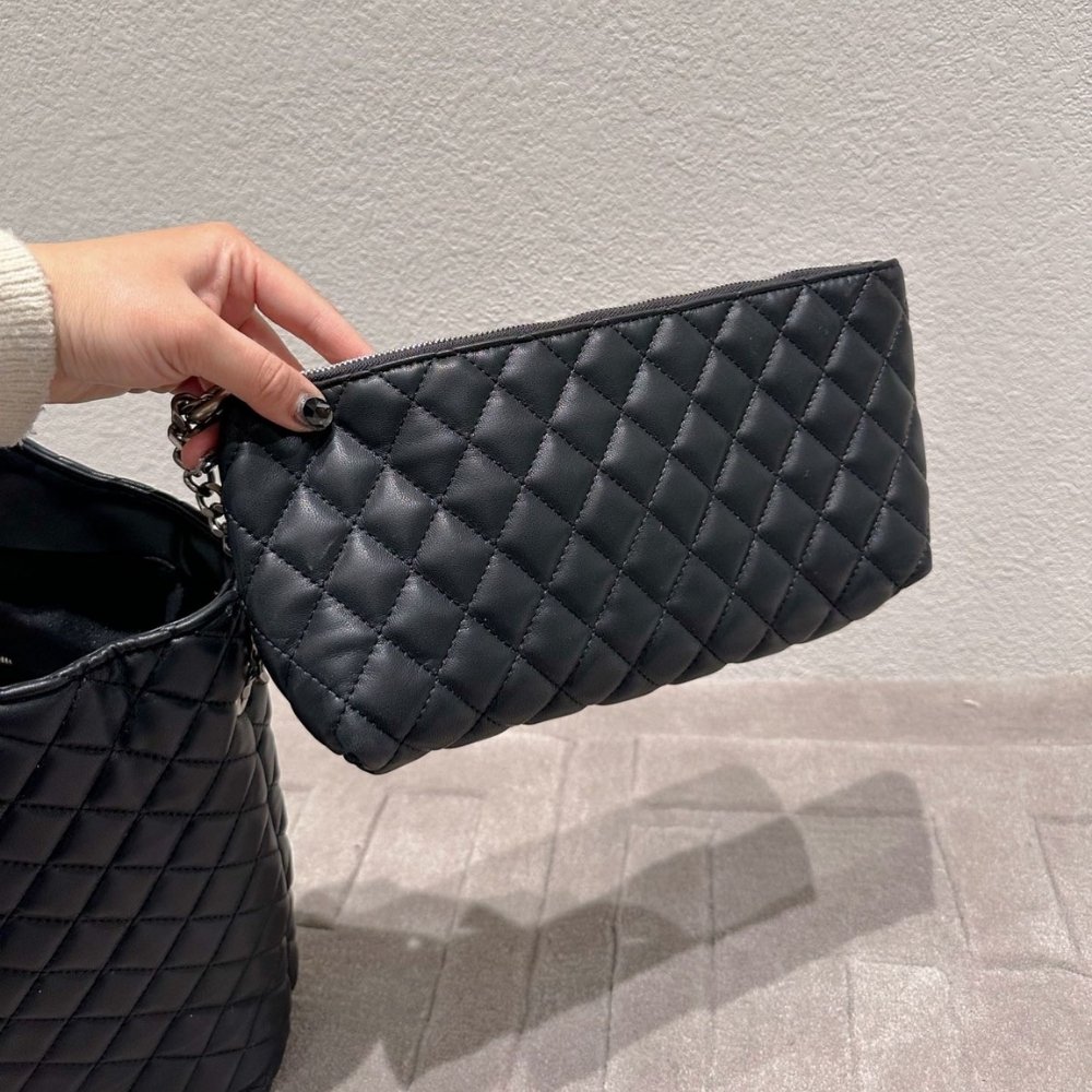 Sa1nt Lau*nt Icare Shopping Bag In Quilted Silver Hardware Black 40Cm