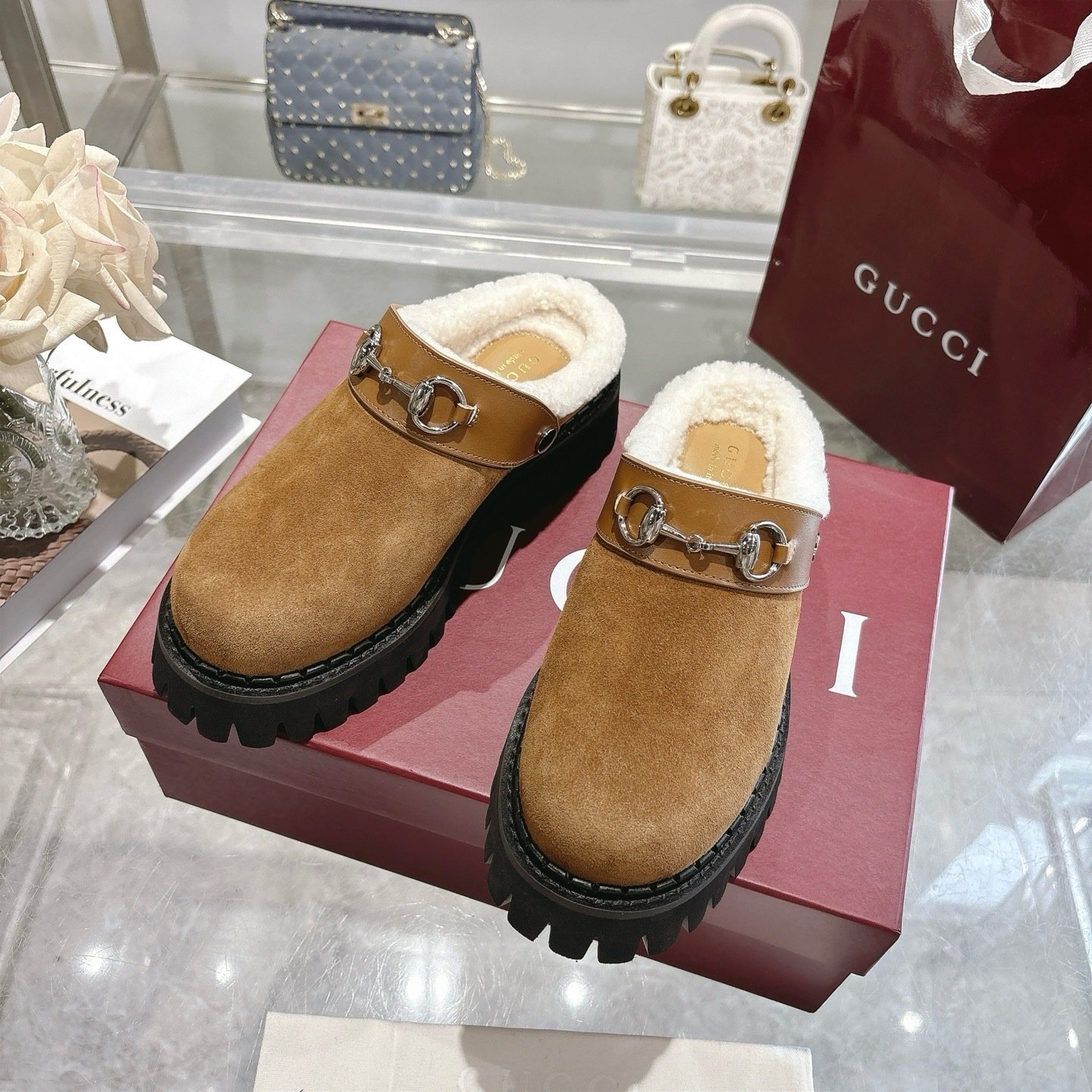 Gvc*1 Horsebit Shearling Mules In Brown Suede
