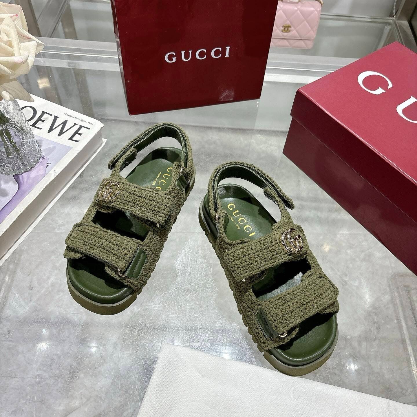 Gvc*1 Women Sandal With Double G Dark Green Crochet ‎835086 Faeq2 3037