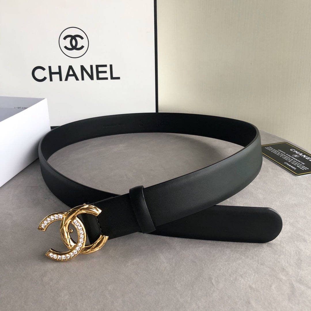 Ch**el Leather Belt With Cc Pearl And Gold Tone Metal Black 3Cm