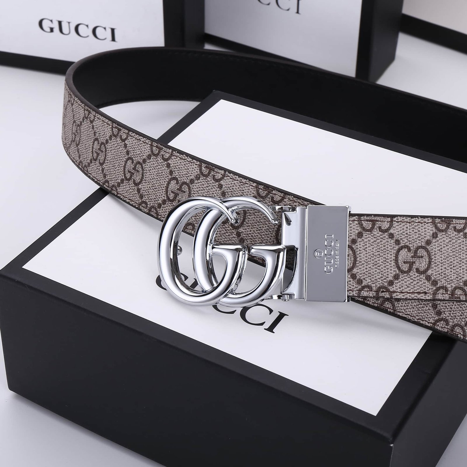 Gvc*1 Gg Marmont Reversible Belt Silver Hardware Beige Brown