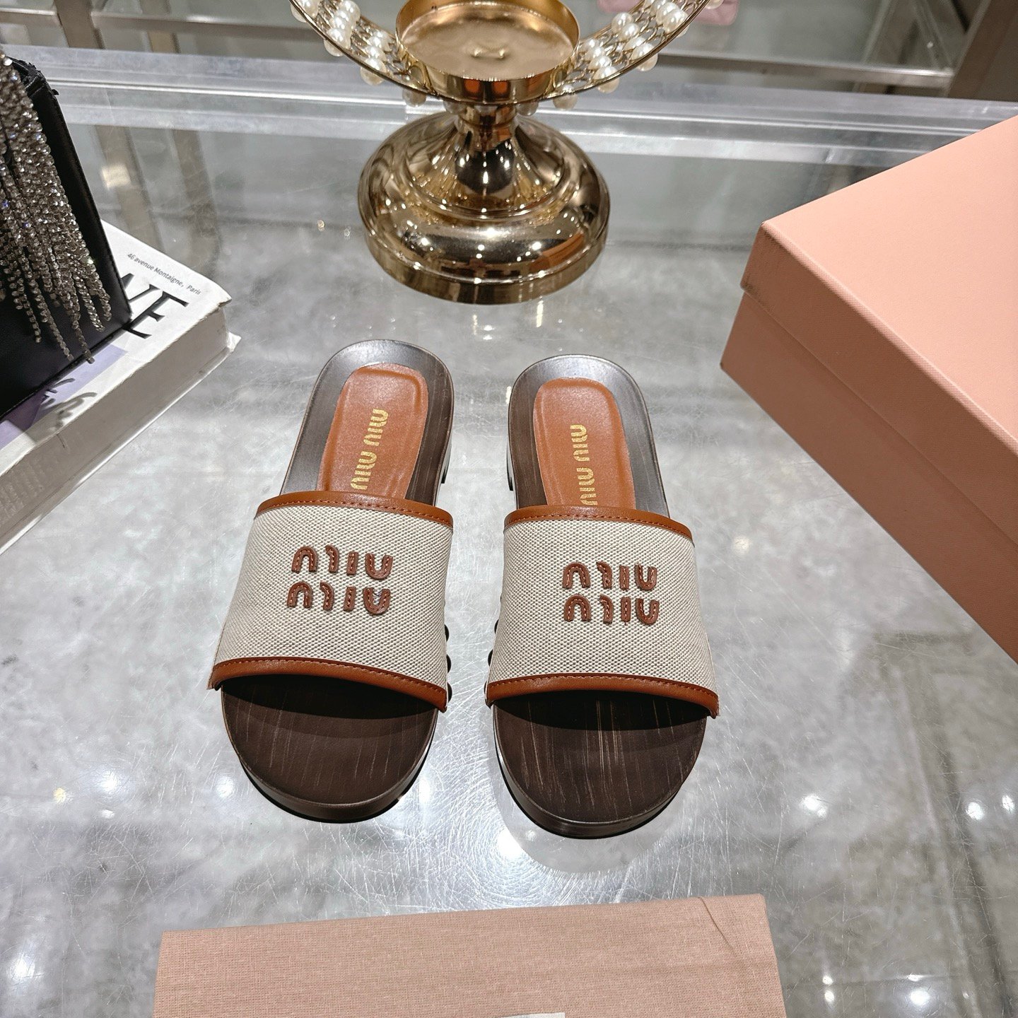 Miu Miu Canvas And Leather Clogs Beige 5Z445E Q1D F062F F 030