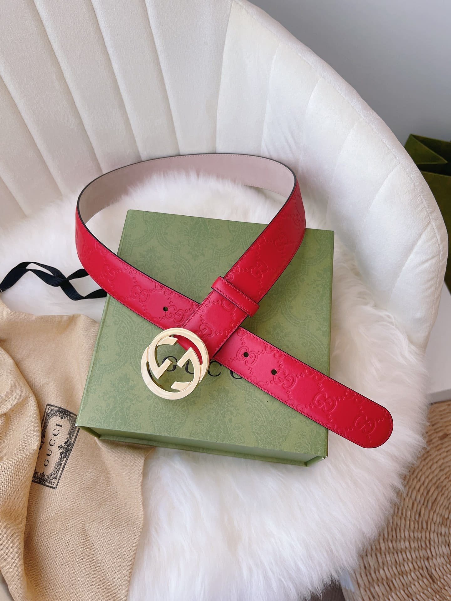 Gvc*1 Calfskin Monogram Red Belt Gold Metal 3.5Cm