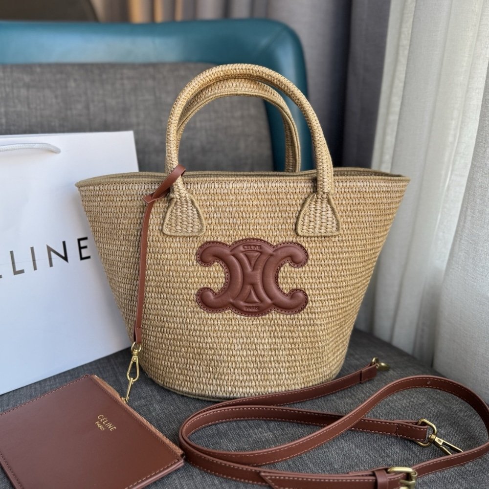 Ce1i*e S*pple Small Triomphe Classic Panier In Raffia Tan 25Cm