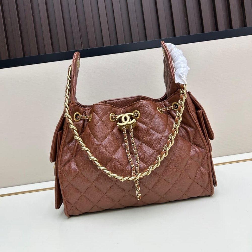 Ch**el 25 Small Handbag Grained And Gold Tone Metal Brown 26Cm As5293 B20304 U1192