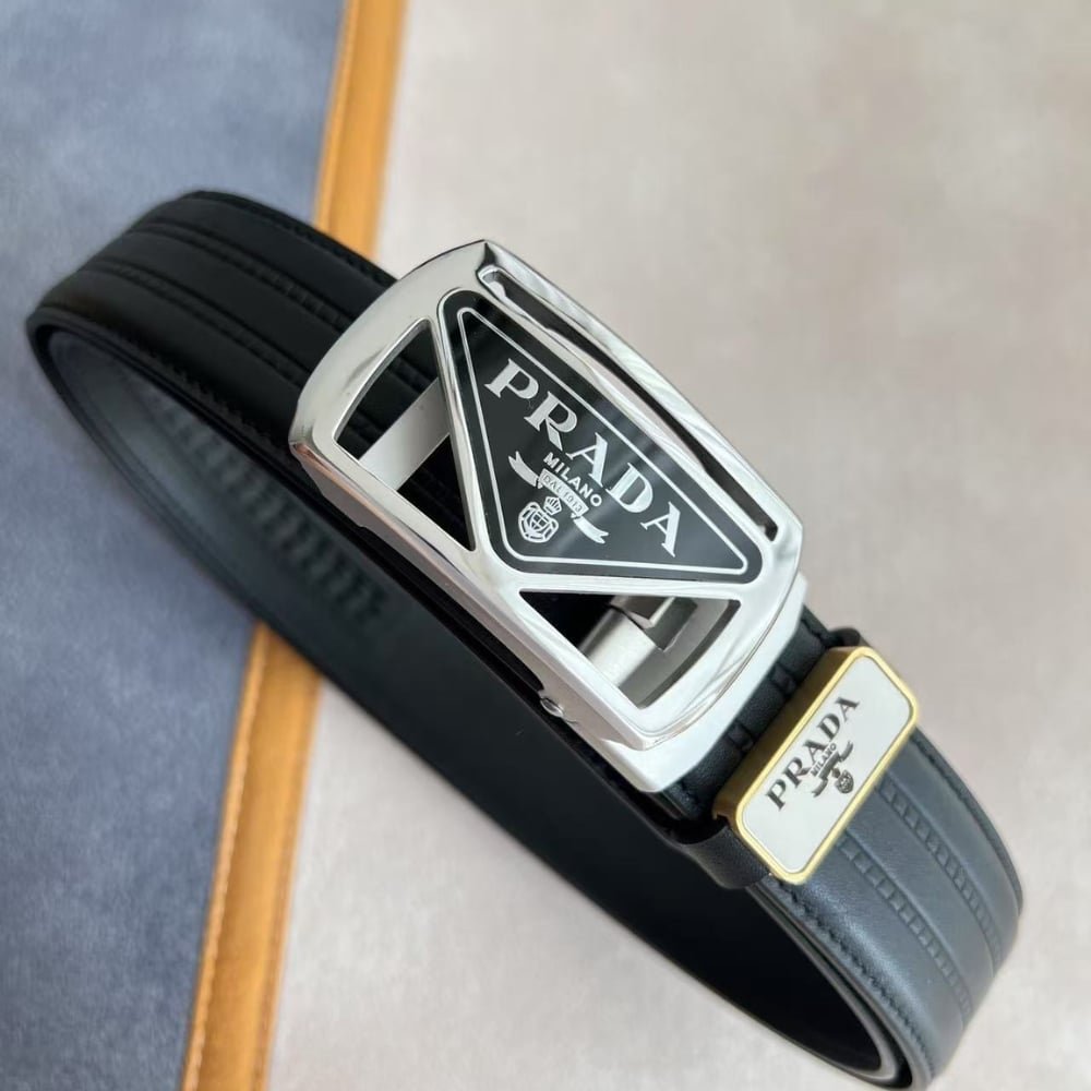 Pra*a Saffiano Leather Belt Silver Hardware In Black