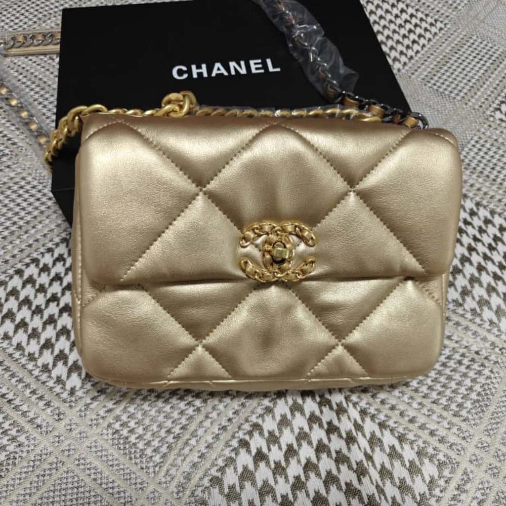 Ch**el 19 Handbag Metallic Gold And Silver Tone 26Cm As1160 B05457 Nc293