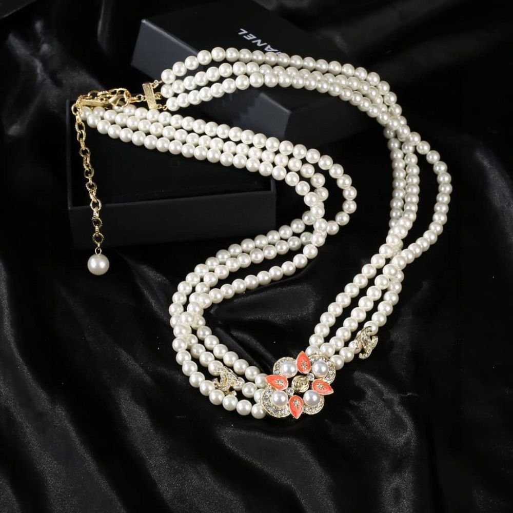 Ch**el Double Strand Pearl Belt with Coral Floral Charm