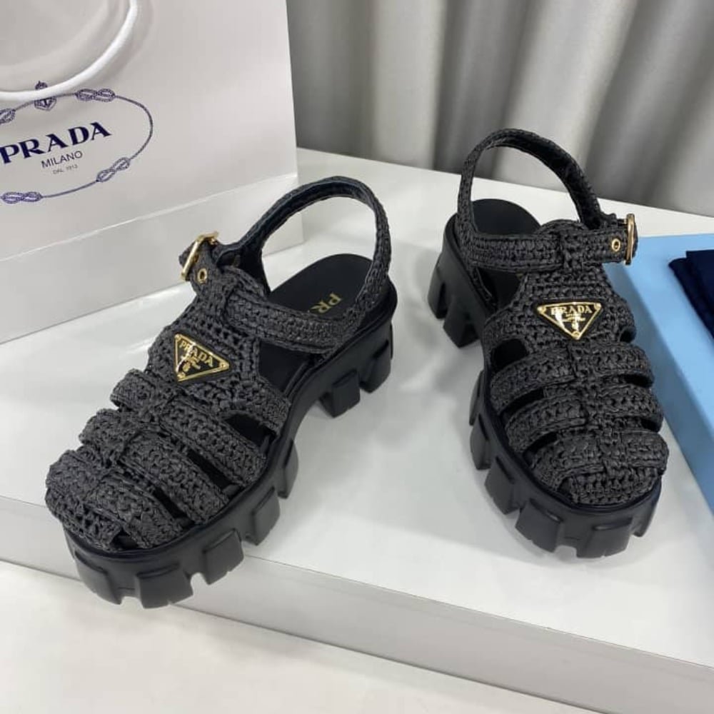 Pra*a Monolith Crochet Cage Sandals Black 1X138N 3L8W F0002 F 055