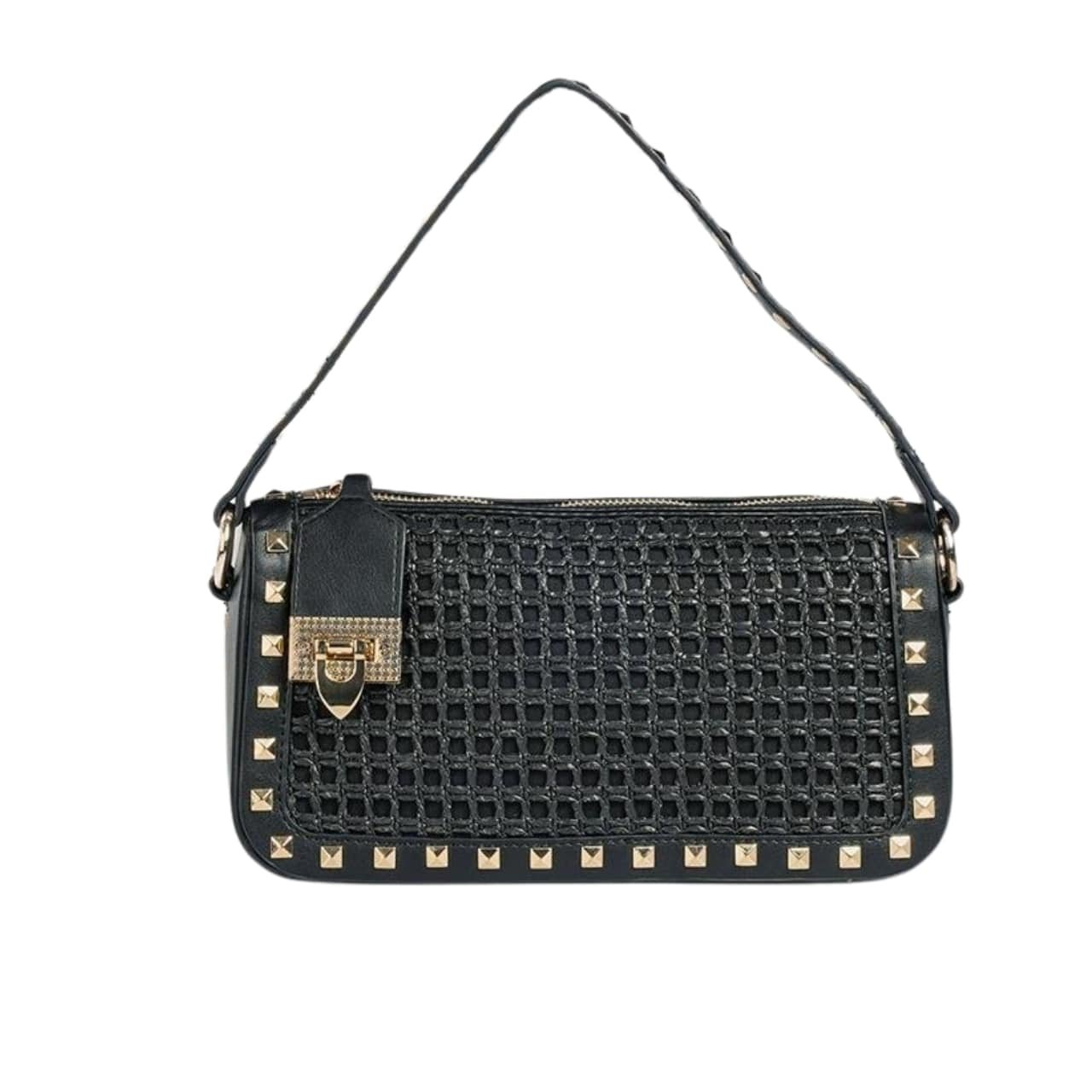 Va1e*ntin0 Garavani Rockstud Raffia Small Crossbody Bag Black 19Cm