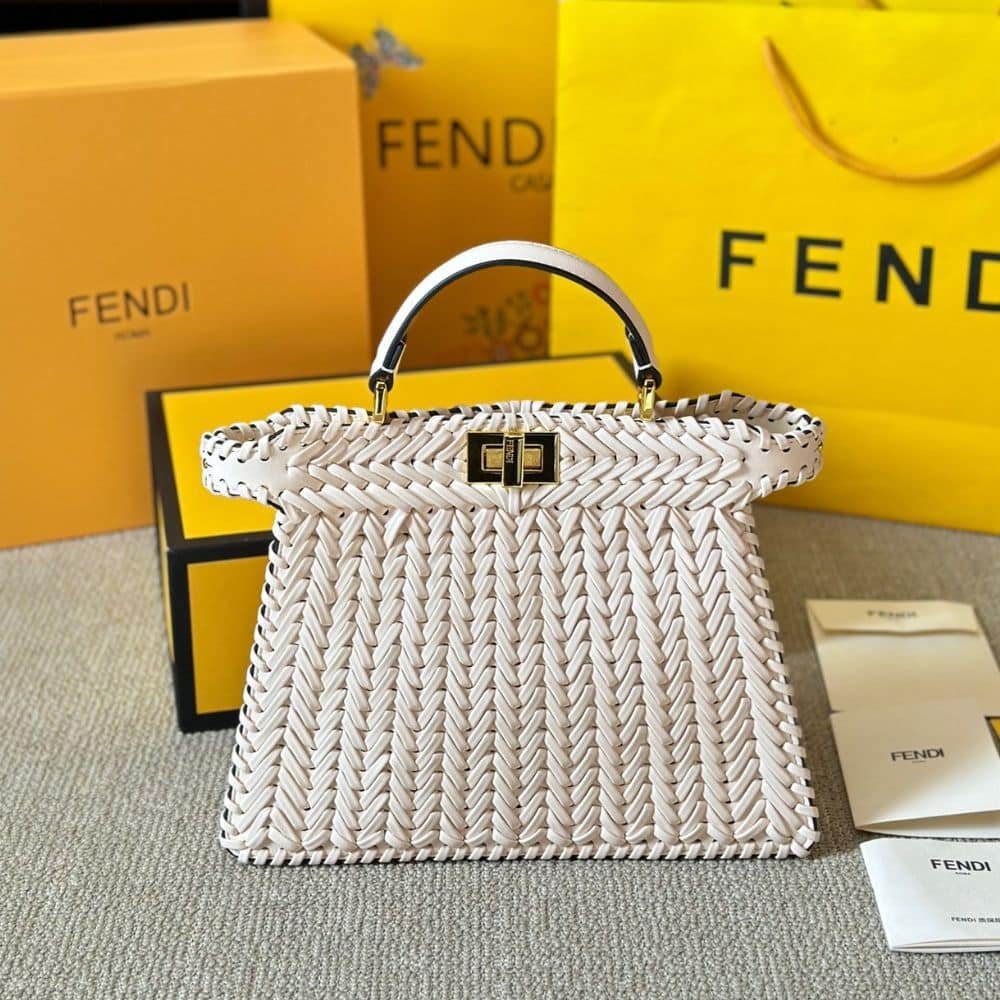 F**di Peekaboo Iseeu Camellia Interlace Leather Bag White 28Cm